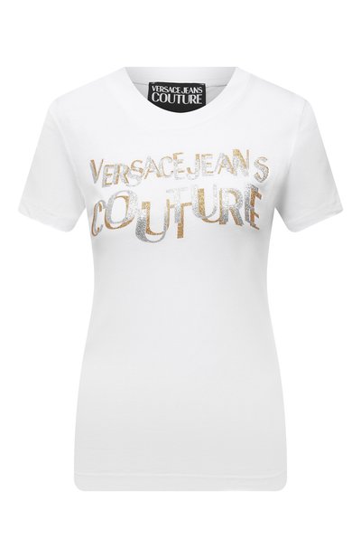 Женская хлопковая футболка VERSACE JEANS COUTURE, арт. 71HAHT02-71DP608 S 2 L0G0 GLITTER/CJ00T