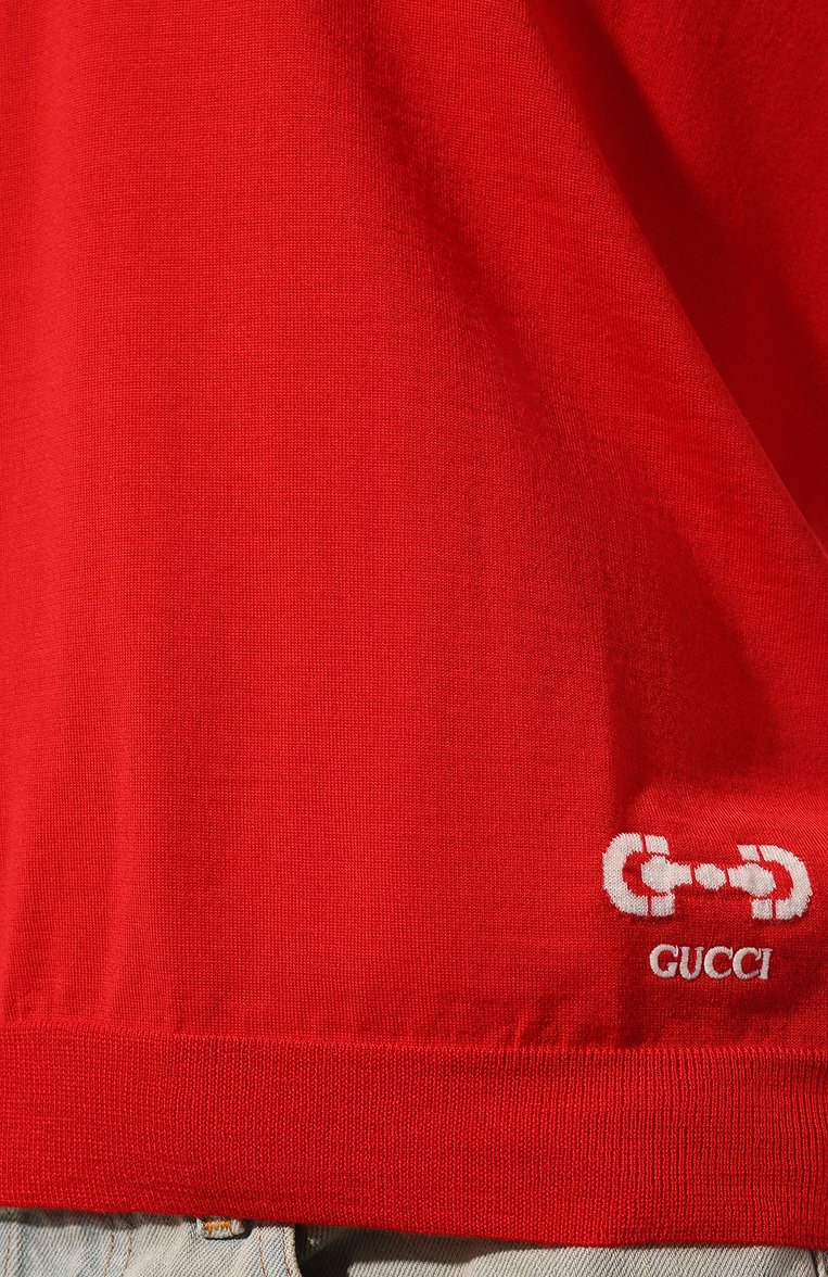 Женский шерстяной пуловер GUCCI красного цвета, арт. 727410/XKCZ3 | Фото 5 (Длина (для топов): Стандартные; Рукава: Длинные; Материал внешний: Шерсть; Принт: Без принта; Женское Кросс-КТ: Пуловер-одежда; Стили: Кэжуэл; Автоматизация состава: Проставлено; Автоматизация ТО: Проставлено)