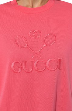 Женская хлопковая футболка GUCCI розового цвета, арт. 580968 XJBHK | Фото 5 (Женское Кросс-КТ: Футболка-одежда; Принт: Без принта; Стили: Кэжуэл; Драгоценные камни: Проставлено; Рукава: Короткие; Длина (для топов): Удлиненные)