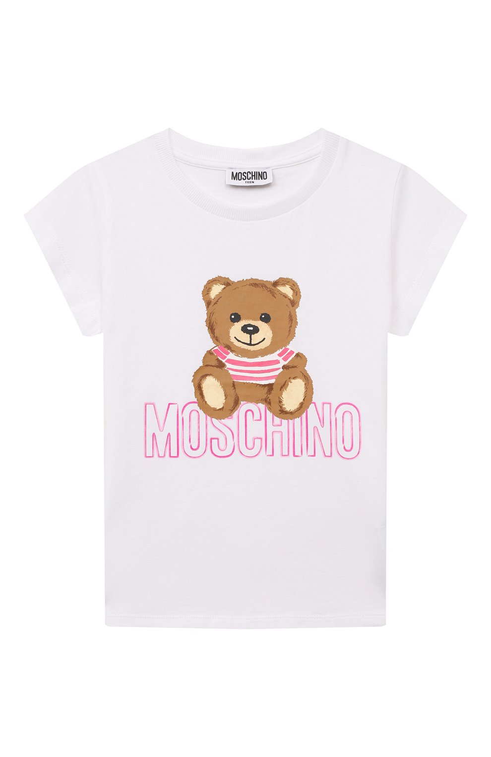 Хлопковая футболка MOSCHINO белого цвета по цене 6950 руб., арт. HJM042/LBA00/4-8, фото 1 Хлопковая футболка MOSCHINO, арт. HJM042/LBA00/4-8, фото 1