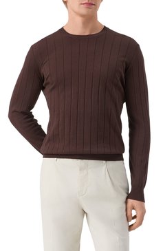 Мужской хлопковый джемпер CORNELIANI коричневого цвета, арт. 25M513-2525153 | Фото 3 (Материал сплава: Проставлено; Рукава: Длинные; Драгоценные камни: Проставлено; Длина (для топов): Стандартные; Мужское Кросс-КТ: Джемперы; Принт: Без принта; Стили: Кэжуэл; Вырез: Круглый; Материал внешний: Хлопок)