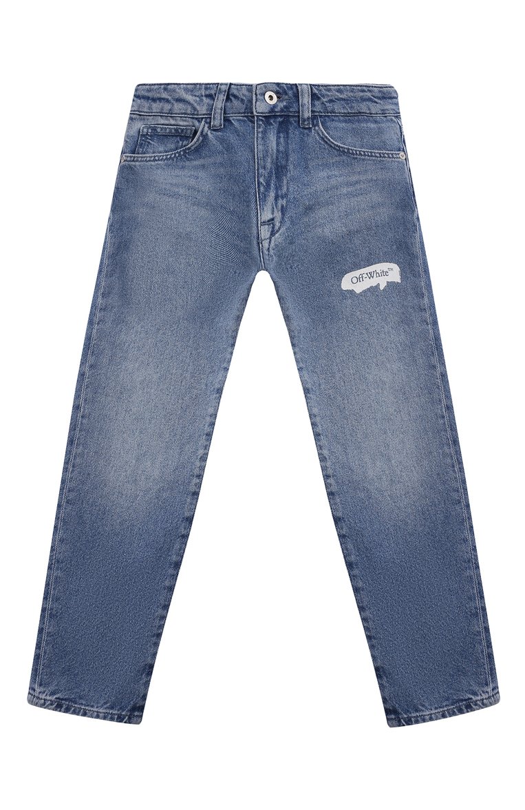Детские джинсы OFF-WHITE синего цвета, арт. 0BYA001S24DEN001/4-10 | Фото 1 (Нос: Не проставлено; Материал внешний: Хлопок; Материал сплава: Проставлено; Детали: Потертости, Декор; Ростовка одежда: 4 года | 104 см, 10 - 11 лет | 140 - 146см, 8 лет | 128 см, 6 лет | 116 см)