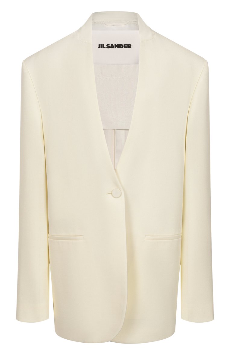 Женский шерстяной жакет JIL SANDER кремового цвета, арт. J04BN0108-J40021 | Фото 1 (Длина (для топов): Удлиненные; Материал внешний: Шерсть; Рукава: Длинные; 1-2-бортные: Однобортные; Женское Кросс-КТ: Жакет-одежда; Стили: Минимализм; Материал подклада: Вискоза)