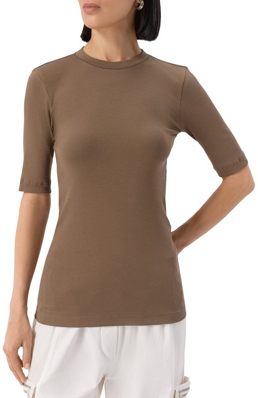 Хлопковый топ Brunello Cucinelli MPT18BD200 Коричневый  MPT18BD200 Фото 3