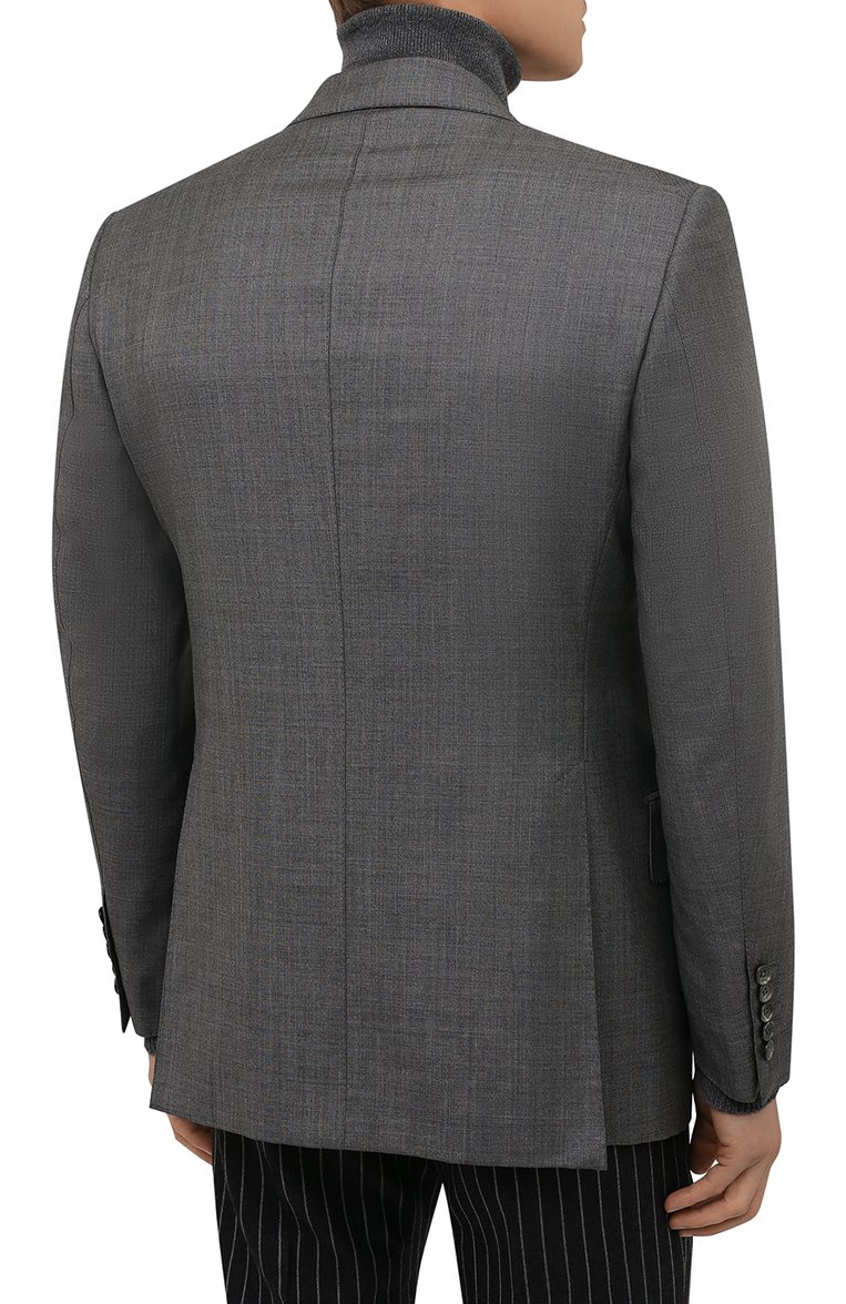 Мужской шерстяной пиджак TOM FORD светло-серого цвета, арт. 238R10/21AL43_1 | Фото 4 (Материал внешний: Шерсть; Длина (для топов): Стандартные; Рукава: Длинные; Материал подклада: Шелк, Купро; 1-2-бортные: Однобортные; Пиджаки М: Приталенный; Случай: Вечерний; Стили: Классический; Материал сплава: Проставлено; Драгоценные камни: Проставлено)