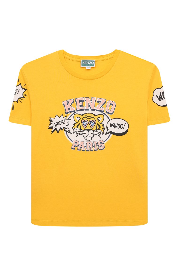 Детская хлопковая футболка KENZO желтого цвета, арт. K60259/3-5 | Фото 1 (Материал сплава: Проставлено; Рукава: Короткие; Материал внешний: Хлопок; Драгоценные камни: Проставлено; Девочки Кросс-КТ: футболка-одежда)