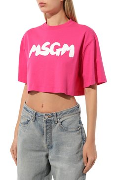 Женская хлопковая футболка MSGM фуксия цвета, арт. 3641MDM100/247002 | Фото 3 (Длина (для топов): Укороченные; Драгоценные камни: Проставлено; Рукава: Короткие; Материал сплава: Проставлено; Материал внешний: Хлопок; Принт: С принтом; Стили: Спорт-шик)