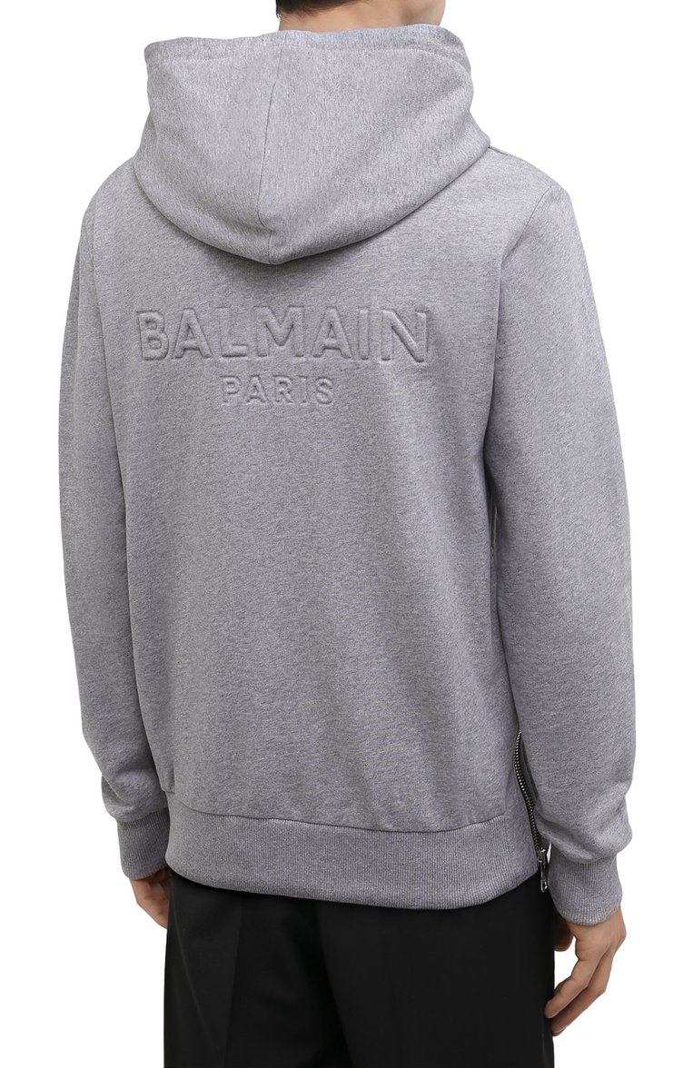 Мужской хлопковая толстовка BALMAIN серого цвета, арт. XH1JR010/BB20 | Фото 4 (Рукава: Длинные; Материал внешний: Хлопок; Длина (для топов): Стандартные; Мужское Кросс-КТ: Толстовка-одежда; Стили: Спорт-шик; Региональные ограничения белый список (Axapta Mercury): RU; Драгоценные камни: Проставлено; Материал сплава: Проставлено)