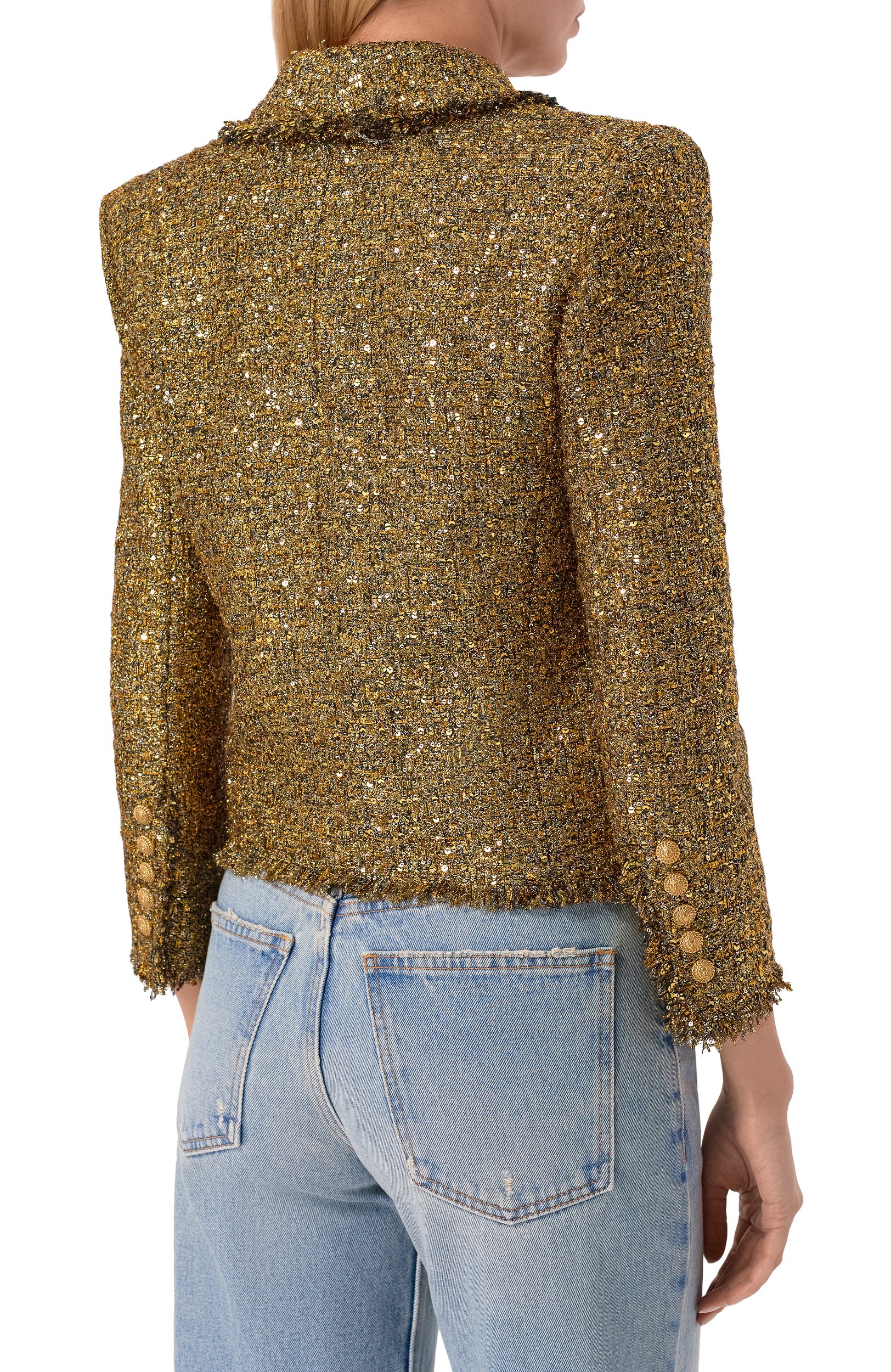 Твидовый жакет BALMAIN золотого цвета по цене 514500 руб., арт. HF1SC308/XM19, фото 4 Твидовый жакет BALMAIN, арт. HF1SC308/XM19, фото 4