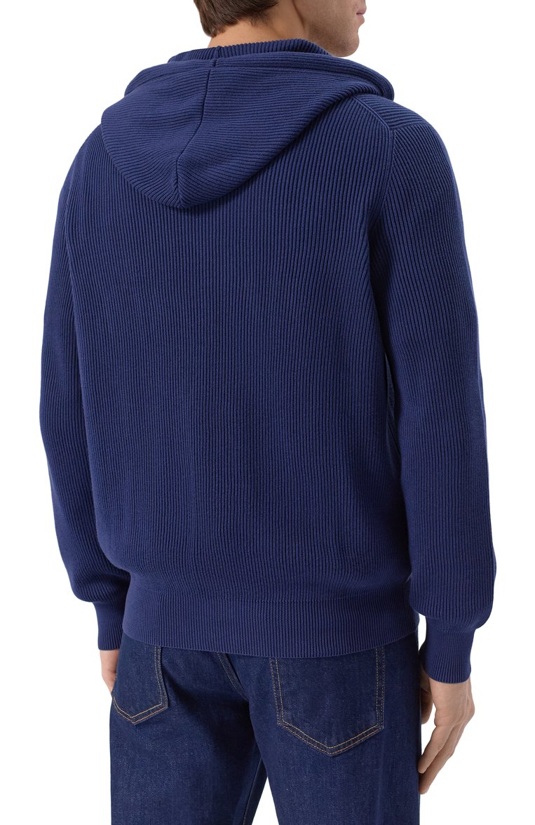 Мужской хлопковый кардиган BRUNELLO CUCINELLI синего цвета, арт. M29200416G | Фото 4 (Рукава: Длинные; Материал внешний: Хлопок; Длина (для топов): Стандартные; Стили: Кэжуэл; Мужское Кросс-КТ: Кардиган-одежда; Застежка: Молния)