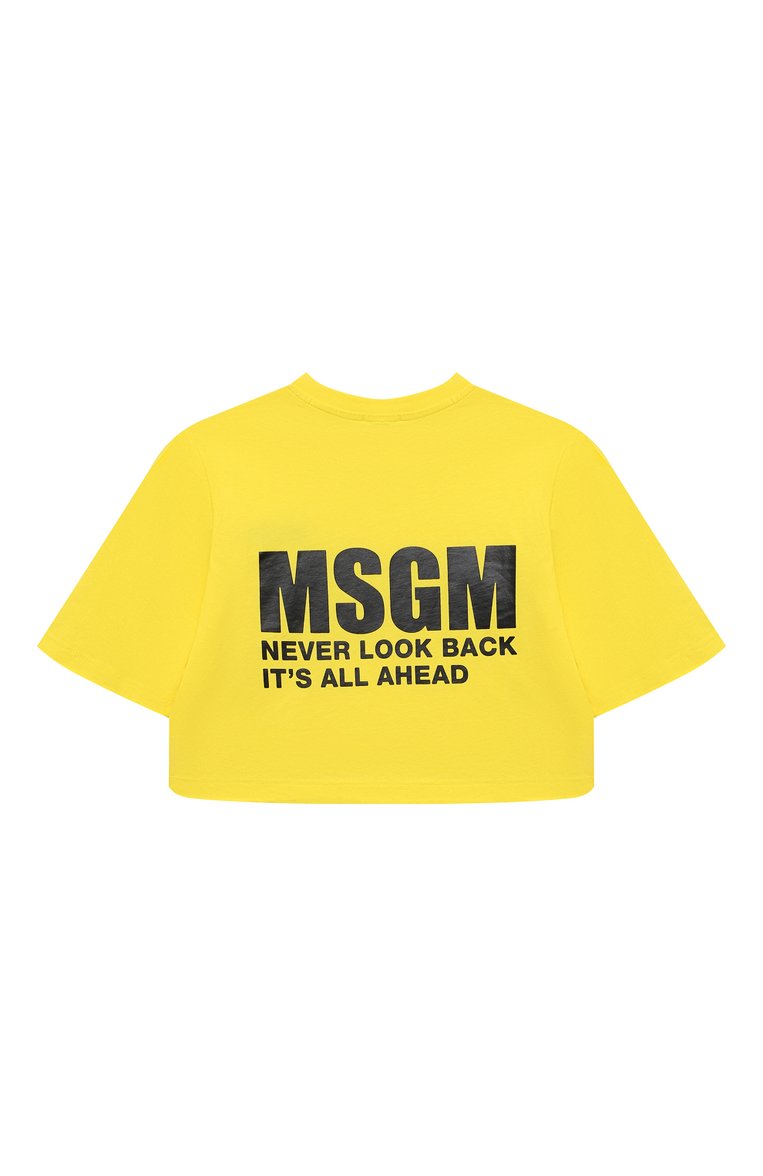 Детская укороченная футболка из хлопка MSGM KIDS желтого цвета, арт. S4MSJGTH007 | Фото 2 (Драгоценные камни: Проставлено; Рукава: Короткие; Материал внешний: Хлопок; Материал сплава: Проставлено; Девочки Кросс-КТ: футболка-одежда; Ростовка одежда: 6 лет | 116 см, 8 лет | 128 см, 10 - 11 лет | 140 - 146см, 12 лет | 152 см, 13 - 15 лет | 158 см)