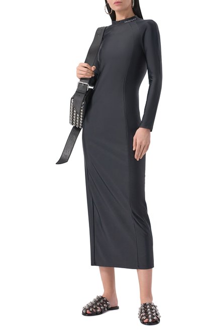 Женское платье ALEXANDERWANG.T черного цвета, арт. 4CC1256293 | Фото 2 (Рукава: Длинные; Материал сплава: Проставлено; Длина Ж (юбки, платья, шорты): Миди; Материал внешний: Синтетический материал; Драгоценные камни: Проставлено)