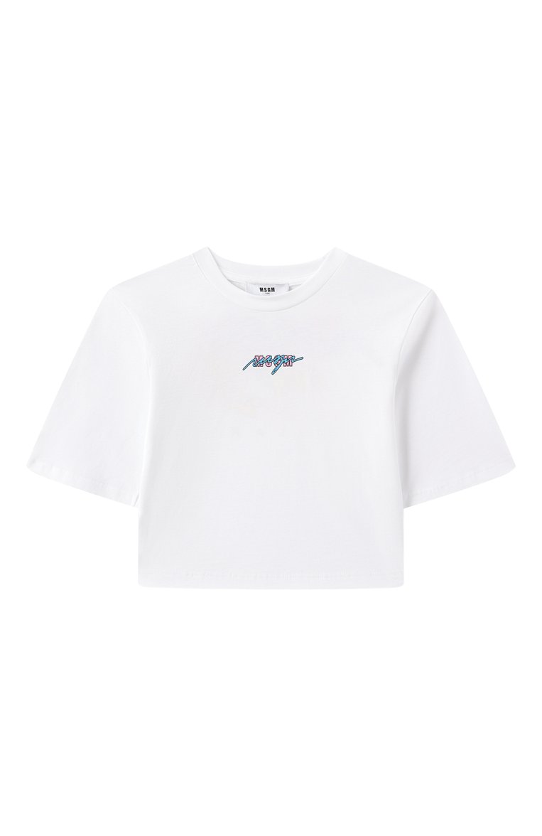 Детская хлопковая футболка MSGM KIDS белого цвета, арт. S5MSJGTH080 | Фото 1 (Драгоценные камни: Проставлено; Рукава: Короткие; Материал сплава: Проставлено; Девочки Кросс-КТ: футболка-одежда, Футболка-спорт; Материал внешний: Хлопок; Ростовка одежда: 6 лет | 116 см, 8 лет | 128 см, 12 лет | 152 см, 16 лет | 164 см, 10 - 11 лет | 140 - 146см)