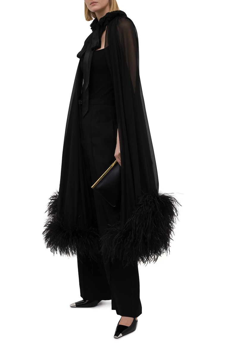 Женская шелковая накидка с отделкой перьями SAINT LAURENT черного цвета, арт. 659131/Y115W | Фото 2 (Стили: Романтичный; Материал внешний: Шелк; Длина (верхняя одежда): Длинные; Региональные ограничения белый список (Axapta Mercury): RU, Не проставлено; Кросс-КТ: Куртка)