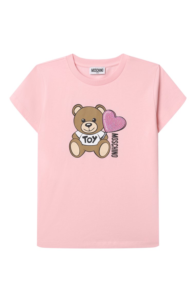 Детская хлопковая футболка MOSCHINO светло-розового цвета, арт. HDM06K/LBA00/10-14 | Фото 1 (Рукава: Короткие; Девочки Кросс-КТ: футболка-одежда; Тематический товар: Teddy Bear; Материал внешний: Хлопок; Ростовка одежда: 10 - 11 лет | 140 - 146см, 12 лет | 152 см, 16 лет | 164 см)