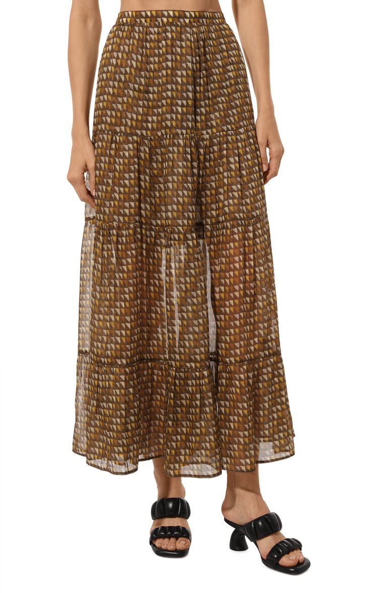 Женская юбка изо льна и шелка KITON коричневого цвета, арт. D49214TK0977C | Фото 3 (Материал внешний: Лен, Шелк; Длина Ж (юбки, платья, шорты): Макси; Стили: Кэжуэл)