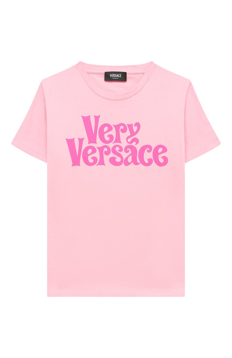 Детская хлопковая футболка VERSACE розового цвета, арт. 1000239/1A09013 | Фото 1 (Рукава: Короткие; Материал внешний: Хлопо�к; Девочки Кросс-КТ: футболка-одежда; Автоматизация ТО: Проставлено; Автоматизация состава: Проставлено)