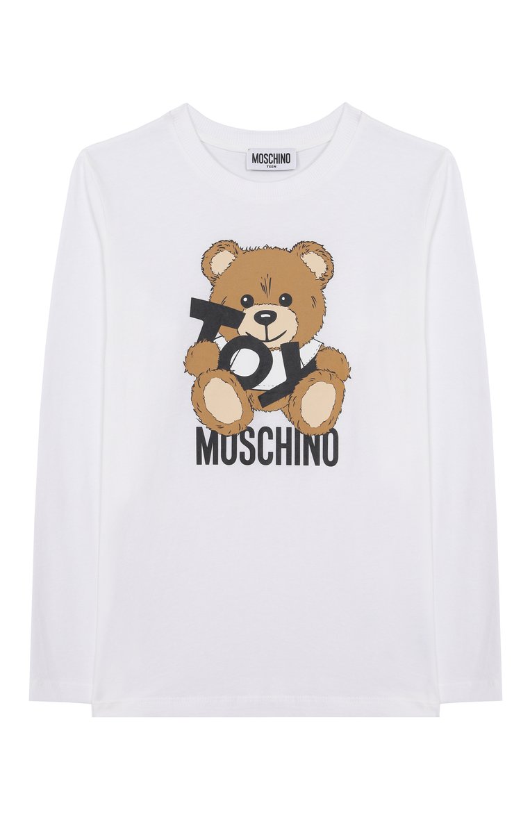 Детская хлопковый лонгслив MOSCHINO белого цвета, арт. HU000X/LAA03/10-14 | Фото 1 (Материал внешний: Хлопок; Рукава: Длинные; Мальчики Кросс-КТ: Лонгслив-одежда; Тематический товар: Teddy Bear; Автоматизация ТО: Проставлено; Автоматизация состава: Проставлено; Ростовка одежда: 10 - 11 лет | 140 - 146см, 12 лет | 152 см)