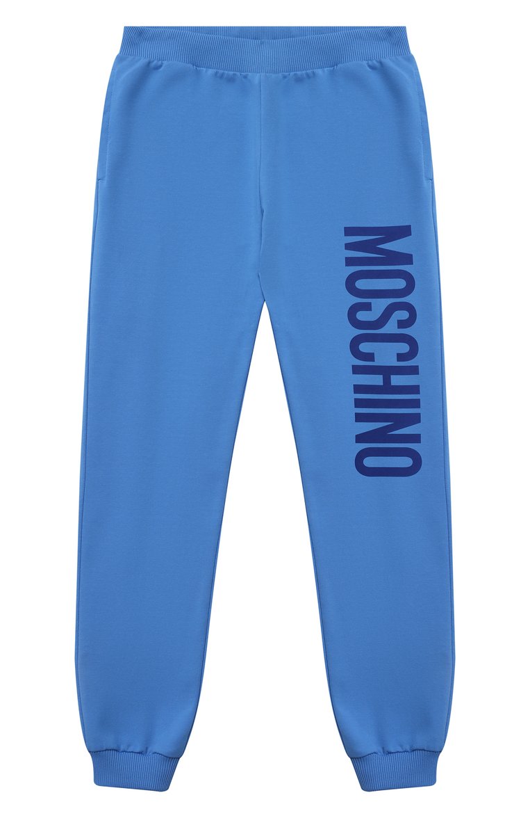 Детские хлопковые джоггеры MOSCHINO синего цвета, арт. HMP03L/LDA27/10A-14A | Фото 1 (Материал внешний: Хлопок; Девочки Кросс-КТ: Брюки-одежда, Джоггеры-одежда, Брюки-спорт; Региональные ограничения белый список (Axapta Mercury): RU; Нос: Не проставлено; Ростовка одежда: 10 - 11 лет | 140 - 146см, 12 лет | 152 см)