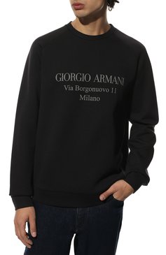 Мужской хлопковый свитшот GIORGIO ARMANI темно-синего цвета, арт. 3GSM81/SJSXZ | Фото 3 (Рукава: Длинные; Длина (для топов): Стандартные; Принт: С принтом; Мужское Кросс-КТ: свитшот-одежда; Материал сплава: Проставлено; Материал внешний: Хлопок; Драгоценные камни: Проставлено; Стили: Кэжуэл)