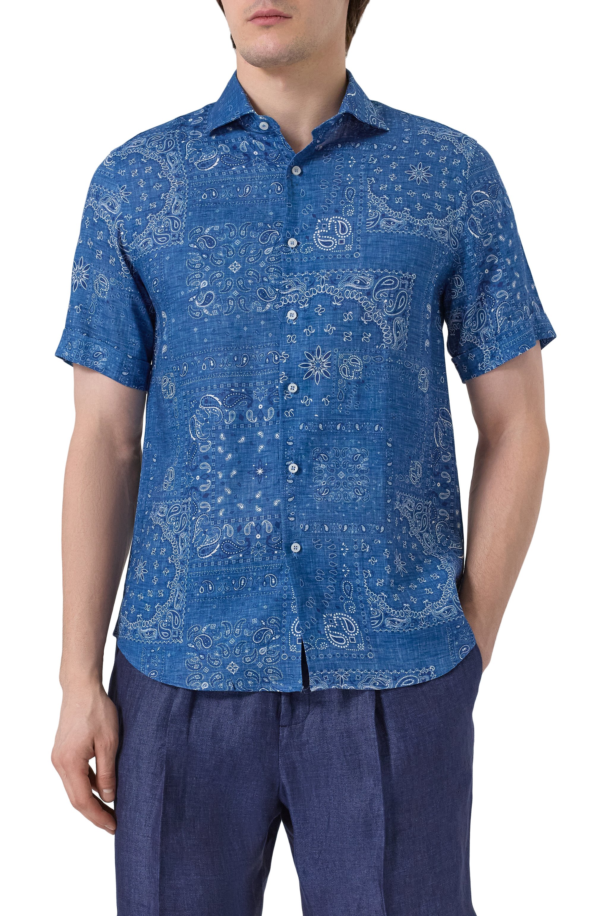 Льняная рубашка FEFE` синего цвета по цене 24350 руб., арт. LINEN SHIRT/CLX082VAR07, фото 3 Льняная рубашка FEFE`, арт. LINEN SHIRT/CLX082VAR07, фото 3