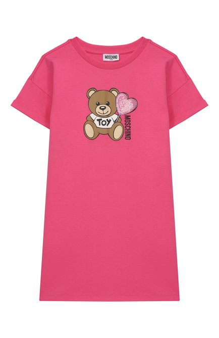 Детское хлопковое платье MOSCHINO фуксия цвета, арт. HDV0G9/LAA40/10-14 | Фото 1 (Рукава: Короткие; Драгоценные камни: Проставлено; Материал внешний: Хлопок; Материал сплава: Проставлено)
