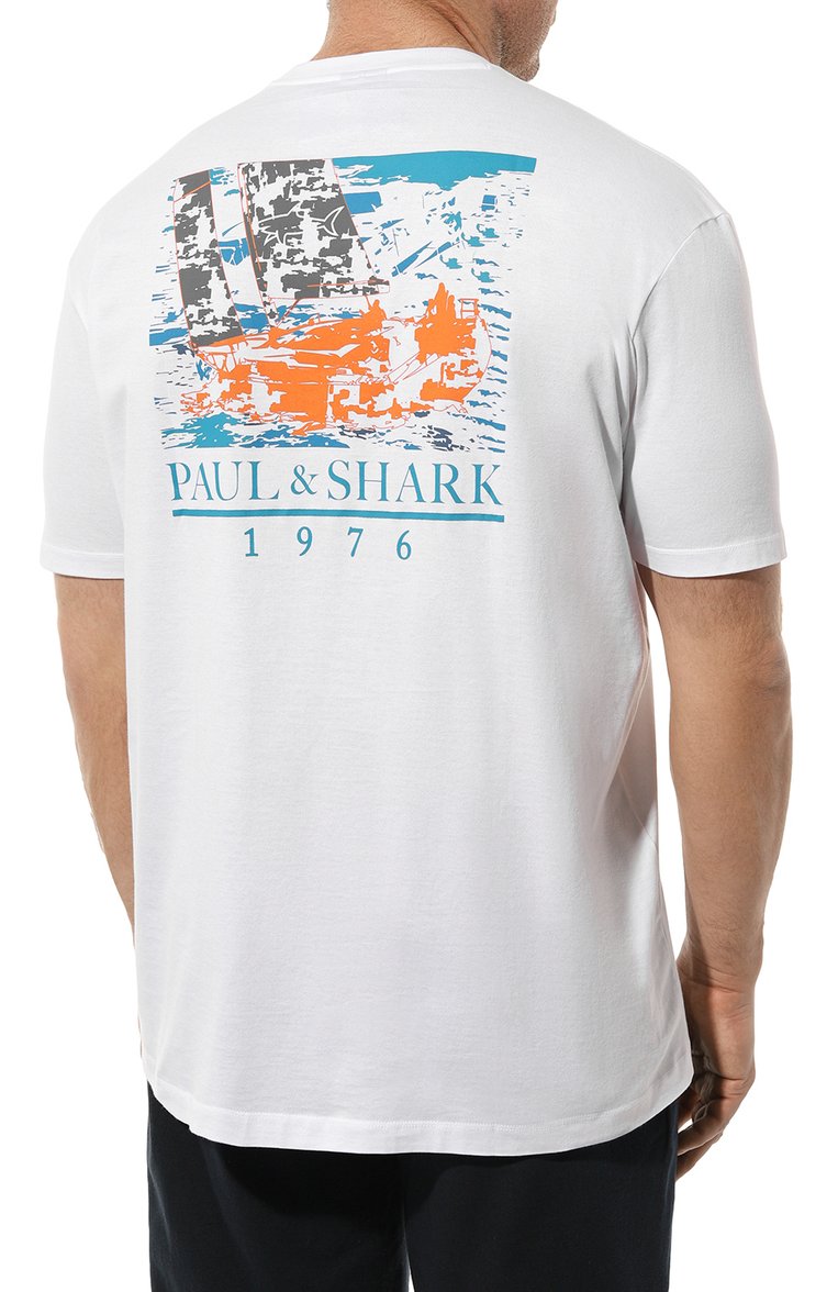 Мужская хлопковая футболка PAUL&SHARK белого цвета, арт. 24411087/3XL | Фото 4 (Материал сплава: Проставлено; Материал внешний: Хлопок; Длина (для топов): Удлиненные; Рукава: Короткие; Драгоценные камни: Проставлено; Принт: Без принта; Стили: Кэжуэл; Кросс-КТ: Джерси; Мужское Кросс-КТ: Футболка-одежда)