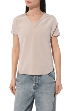 Женская шелковая футболка KITON светло-розового цвета, арт. D47454K0977A | Фото 3 (Материал внешний: Шелк; Длина (для топов): Стандартные; Рукава: Короткие; Стили: Кэжуэл; Принт: Без принта)
