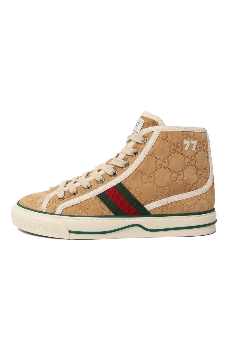 Женские замшевые кеды gucci tennis 1977 GUCCI бежевого цвета, арт. 649327 UJ510 | Фото 4 (Кросс-КТ: хайтопы; Подошва: Платформа; Материал внешний: Кожа, Замша; Материал утеплителя: Натуральный мех; Материал сплава: Проставлено; Драгоценные камни: Проставлено; Стили: Кэжуэл)