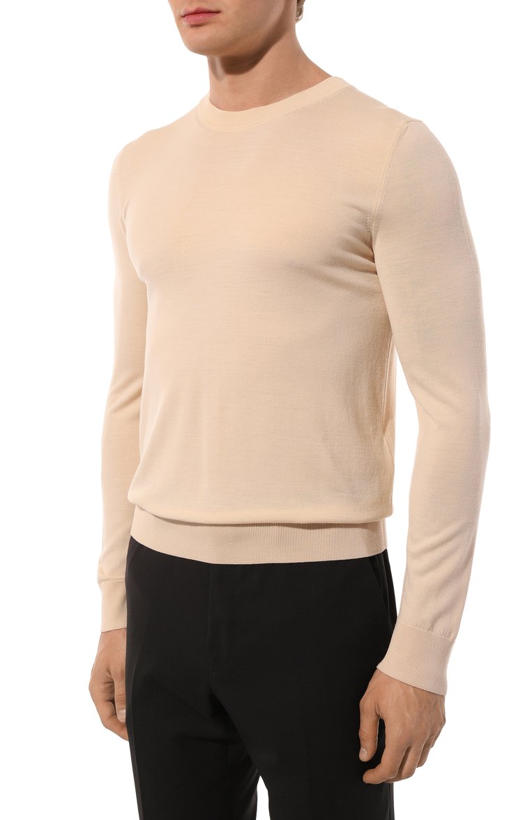 Мужской шерстяной джемпер BRIONI бежевого цвета, арт. UMQ90L/0ZK82/9200 | Фото 3 (Рукава: Длинные; Длина (для топов): Стандартные; Материал внешний: Шерсть; Вырез: Круглый; Принт: Без принта; Мужское Кросс-КТ: Джемперы; Стили: Кэжуэл; Автоматизация состава: Проставлено; Автоматизация ТО: Проставлено; Детали: Без декора)