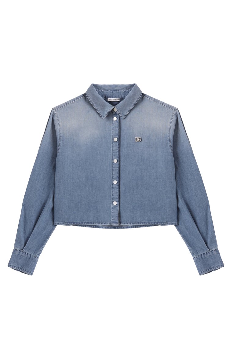 Детское джинсовая рубашка DOLCE & GABBANA синего цвета, арт. L56S32/LDD07/8-14 | Фото 1 (Рукава: Длинные; Случай: Повседневный; Материал внешний: Деним, Хлопок; Ростовка одежда: 8 лет | 128 см, 13 - 15 лет | 158 см, 16 лет | 164 см, 10 - 11 лет | 140 - 146см)