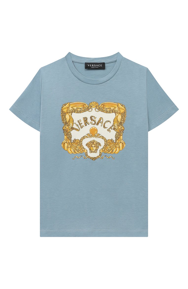 Детская хлопковая футболка VERSACE голубого цвета, арт. 1000129/1A08114/8A-14A | Фото 1 (Материал сплава: Проставлено; Материал внешний: Хлопок; Драгоценные камни: Проставлено; Рукава: Короткие; Мальчики Кросс-КТ: Футболка-одежда)