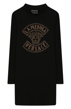 Детское хлопковое платье VERSACE черного цвета, арт. YC000178/YA00077/8A-14A | Фото 1 (Рукава: Длинные; Материал внутренний: Не назначено; Принт: С принтом; Материал сплава: Проставлено; Материал внешний: Хлопок; Девочки Кросс-КТ: Платье-одежда; Драгоценные камни: Проставлено; Статус проверки: Проверена категория; Ростовка одежда: 8 лет | 128 см)