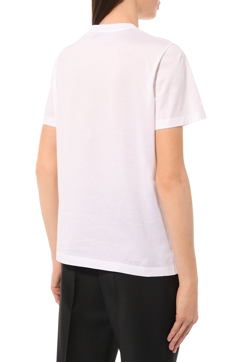 Женская хлопковая футболка PRADA белого цвета, арт. 35838R-10IN-F0009-162 | Фото 4 (Материал внешний: Хлопок; Длина (для топов): Стандартные; Рукава: Короткие; Принт: Без принта; Стили: Кэжуэл; Региональные ограничения белый список (Axapta Mercury): Не проставлено; Автоматизация состава: Проставлено; Автоматизация ТО: Проставлено)