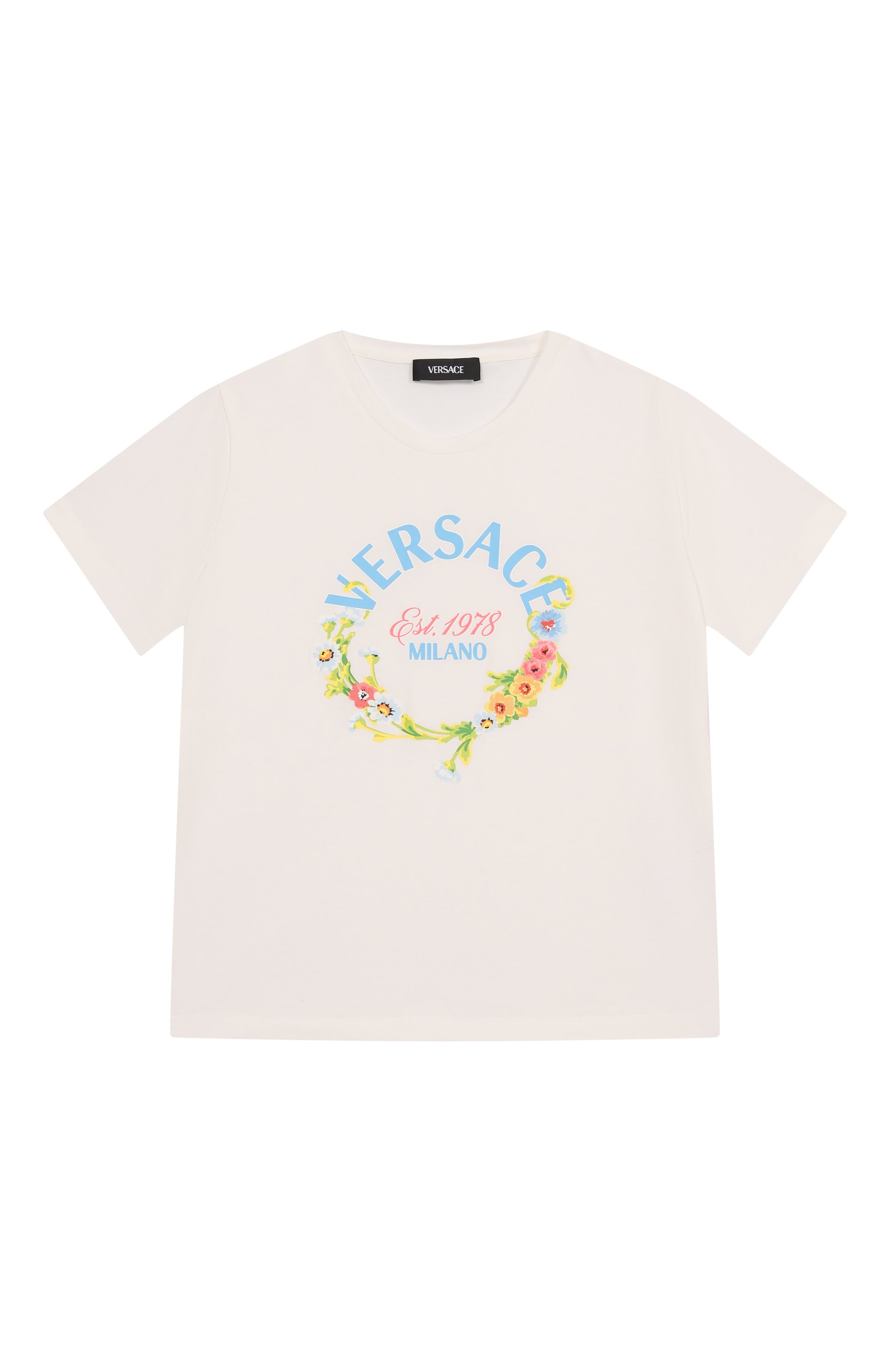 Хлопковая футболка VERSACE молочного цвета по цене 15100 руб., арт. 1018181/1A13080/8A-14A, фото 1 Хлопковая футболка VERSACE, арт. 1018181/1A13080/8A-14A, фото 1