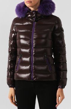 Женская пуховая куртка badyfur MONCLER коричневого цвета, арт. E2-093-46314-25-C0061 | Фото 3 (Кросс-КТ: Куртка, Утепленный, Пуховик; Рукава: Длинные; Женское Кросс-КТ: Пуховик-куртка; Материал внешний: Синтетический материал; Материал сплава: Проставлено, Проверено; Материал подклада: Синтетический материал; Статус проверки: Проверено, Проверена категория; Драгоценные камни: Проставлено; Длина (верхняя одежда): Короткие; Материал утеплителя: Пух и перо)