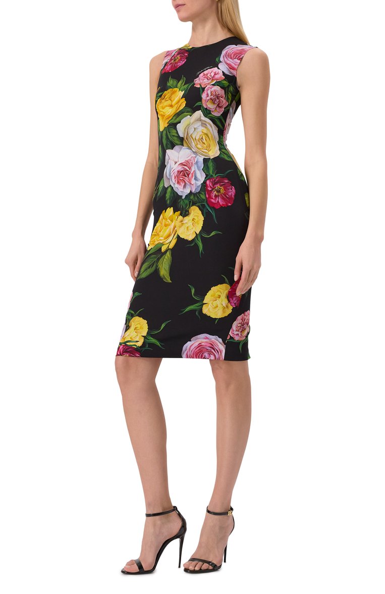 Женское шелковое платье DOLCE & GABBANA разноцветного цвета, арт. F6TMST/FSA7B | Фото 3 (Длина Ж (юбки, платья, шорты): До колена; Драгоценные камни: Проставлено; Материал сплава: Проставлено; Материал внешний: Шелк; Случай: Коктейльный; Женское Кросс-КТ: платье-футляр, Платье-одежда; Стили: Гламурный; Рукава: Без рукавов)
