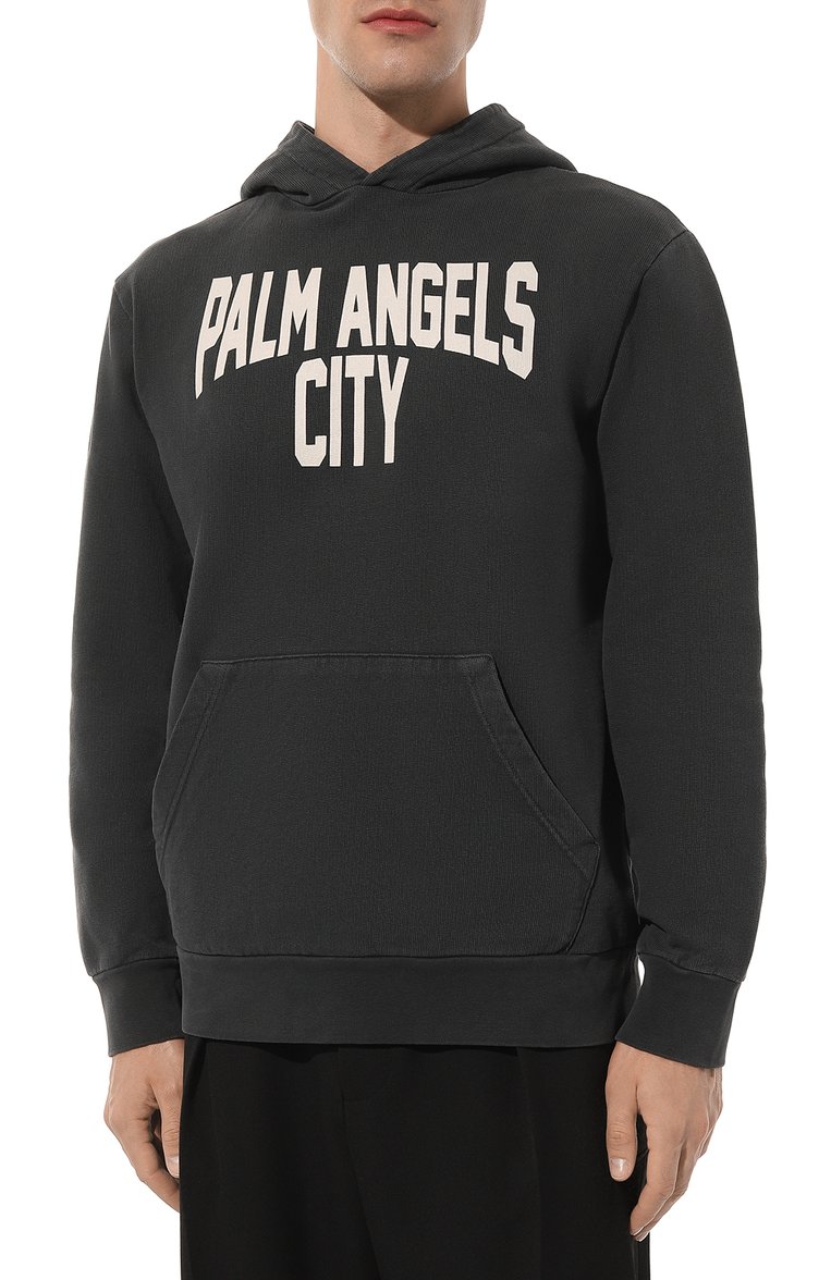 Мужской хлопковое худи PALM ANGELS темно-серого цвета, арт. PMBB117R24FLE007 | Фото 3 (Материал внешний: Хлопок; Рукава: Длинные; Длина (для топов): Стандартные; Мужское Кросс-КТ: Худи-одежда; Принт: С принтом; Стили: Спорт-шик)