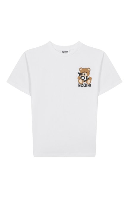 Детская хлопковая футболка MOSCHINO белого цвета, арт. HPM050/LAA03/10-14 | Фото 1 (Материал внешний: Хлопок; Материал сплава: Проставлено; Рукава: Короткие; Драгоценные камни: Проставлено)