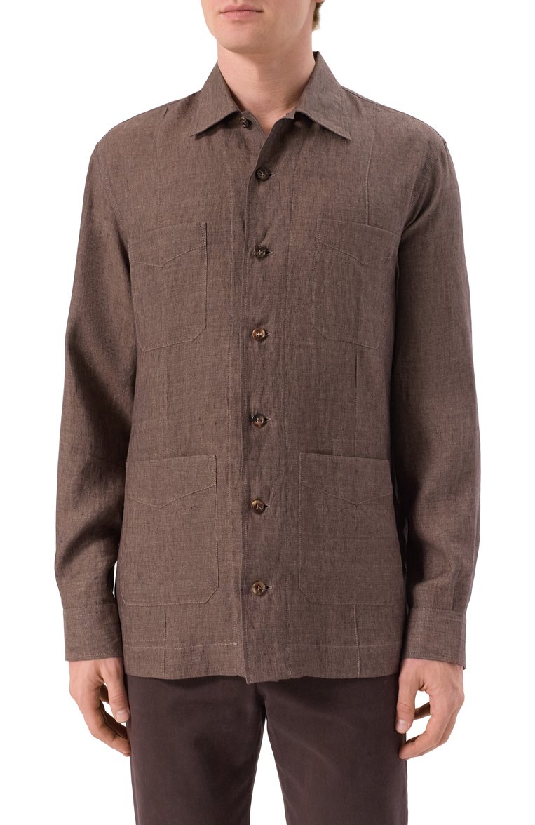 Мужская льняная рубашка BRUNELLO CUCINELLI коричневого цвета, арт. MM6950648 | Фото 3 (Рукава: Длинные; Длина (для топов): Стандартные; Материал внешний: Лен; Воротник: Кент; Принт: Однотонные; Случай: Повседневный; Манжеты: На пуговицах; Стили: Кэжуэл)