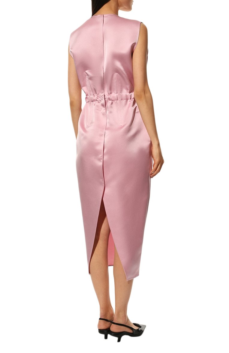 Женское шелковое платье PRADA розового цвета, арт. P3H21K-393-F0442-221 | Фото 4 (Длина Ж (юбки, платья, шорты): Миди; Материал внешний: Шелк; Женское Кросс-КТ: Платье-одежда; Случай: Коктейльный; Стили: Романтичный; Нос: Не проставлено; Региональные ограничения белый список (Axapta Mercury): Не проставлено; Рукава: Без рукавов)