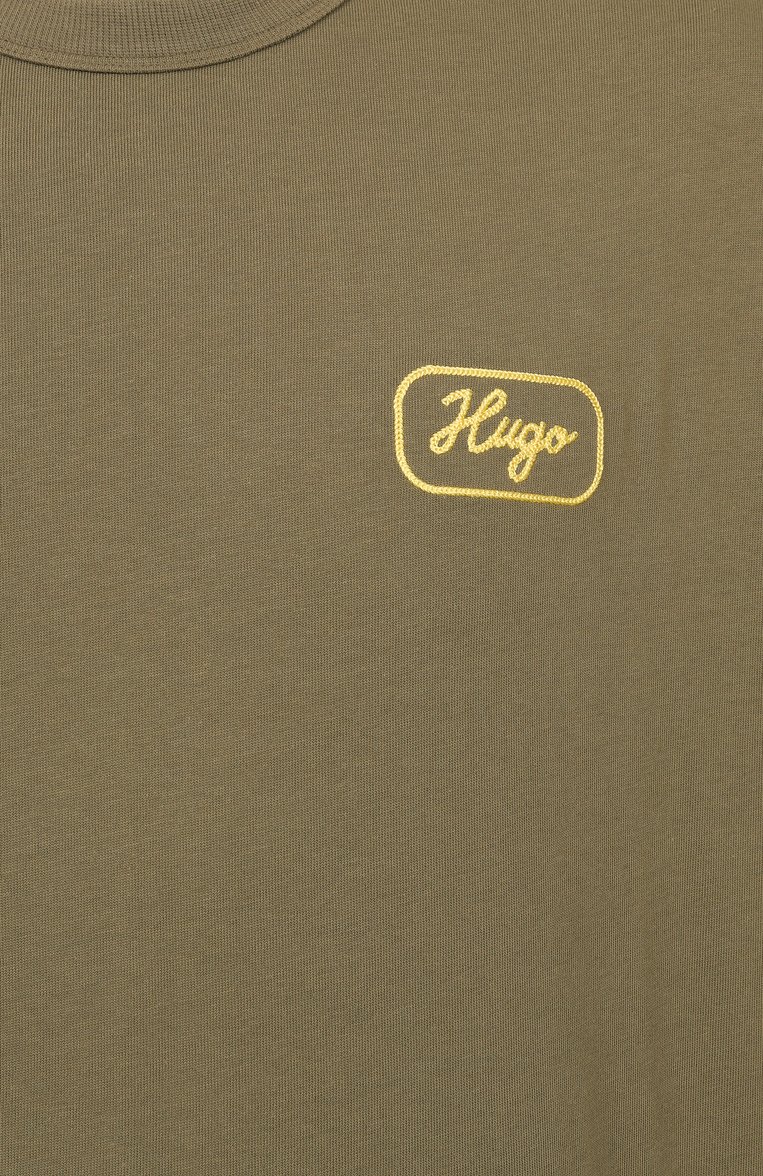 Мужская хлопковая футболка HUGO BLUE хаки цвета, арт. 50534754 | Фото 6 (Рукава: Короткие; Материал внешний: Хлопок; Длина (для топов): Стандартные; Принт: С принтом; Стили: Милитари, Кэжуэл; Мужское Кросс-КТ: Футболка-одежда; Кросс-КТ: Джерси)