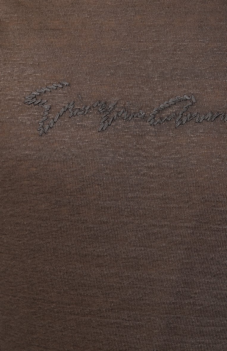 Мужская льняная футболка GIORGIO ARMANI коричневого цвета, арт. 3DSM73/SJDJZ | Фото 5 (Длина (для топов): Стандартные; Рукава: Короткие; Материал внешний: Лен; Принт: С принтом; Стили: Кэжуэл; Мужское Кросс-КТ: Футболка-одежда; Кр�осс-КТ: Джерси; Детали: Декор; Автоматизация состава: Проставлено; Автоматизация ТО: Проставлено)
