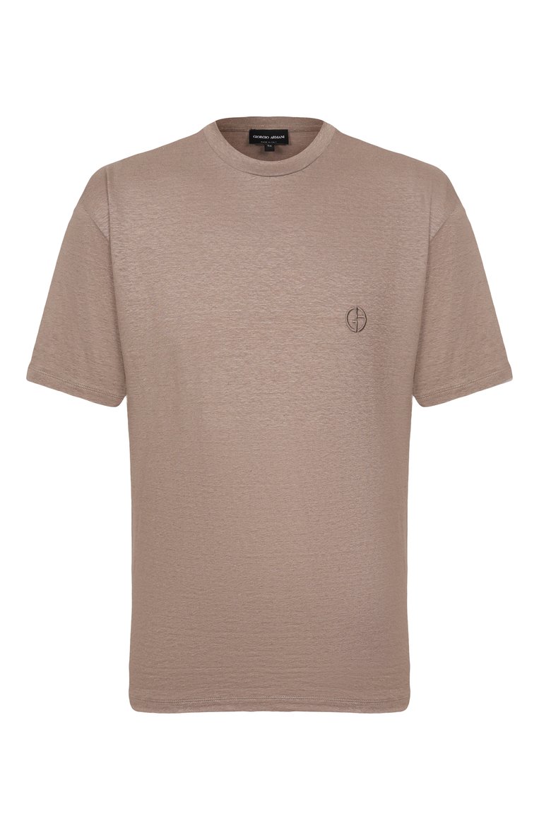 Мужская льняная футболка GIORGIO ARMANI коричневого цвета, арт. GM001099/TE13875 | Фото 1 (Рукава: Короткие; Длина (для топов): Стандартные; Автоматизация состава: Проставлено; Материал внешний: Лен; Автоматизация ТО: Проставлено; Детали: Декор; Принт: Без принта; Мужское Кросс-КТ: Футболка-одежда; Стили: Кэжуэл)