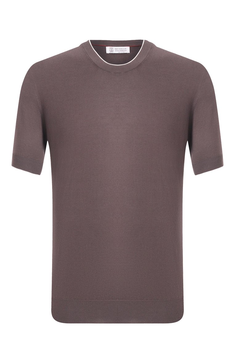 Мужской хлопковый джемпер BRUNELLO CUCINELLI коричневого цвета, арт. M29805200 | Фото 1 (Рукава: Короткие; Материал внешний: Хлопок; Длина (для топов): Стандартные; Вырез: Круглый; Принт: Без принта; Мужское Кросс-КТ: Джемперы; Стили: Кэжуэл)