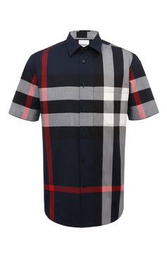 Мужская хлопковая рубашка BURBERRY темно-синего цвета, арт. 8079592 | Фото 1 (Длина (для топов): Стандартные; Материал внешний: Хлопок; Рукава: Короткие; Материал сплава: Проставлено; Драгоценные камни: Проставлено; Принт: Клетка; Случай: Повседневный; Воротник: Кент; Стили: Кэжуэл)
