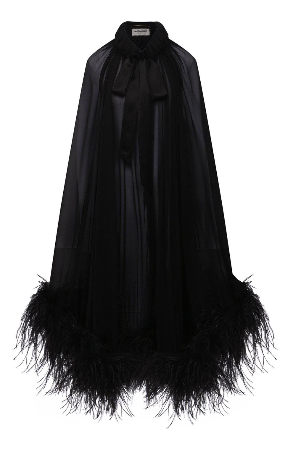 Шелковая накидка с отделкой перьями SAINT LAURENT черного цвета по цене 463500 руб., арт. 659131/Y115W, фото 1 Шелковая накидка с отделкой перьями SAINT LAURENT, арт. 659131/Y115W, фото 1