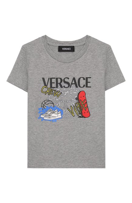Детская хлопковая футболка VERSACE серого цвета, арт. 1018560/1A13244 | Фото 1 (Материал сплава: Проставлено; Драгоценные камни: Проставлено; Материал внешний: Хлопок; Рукава: Короткие)