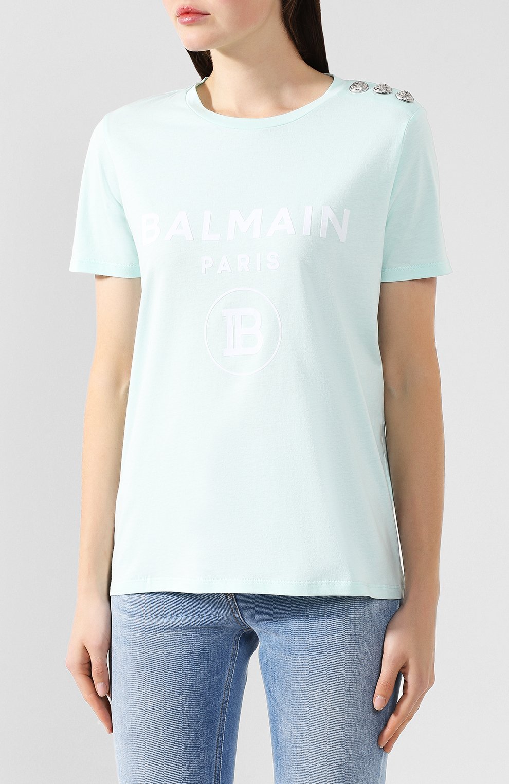 Хлопковая футболка BALMAIN зеленого цвета по цене 35250 руб., арт. SF21362/I240, фото 3 Хлопковая футболка BALMAIN, арт. SF21362/I240, фото 3