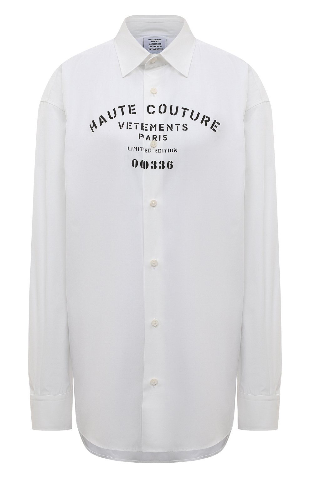 Хлопковая рубашка VETEMENTS белого цвета по цене 94950 руб., арт. UA53SH450W 1001/W, фото 1 Хлопковая рубашка VETEMENTS, арт. UA53SH450W 1001/W, фото 1